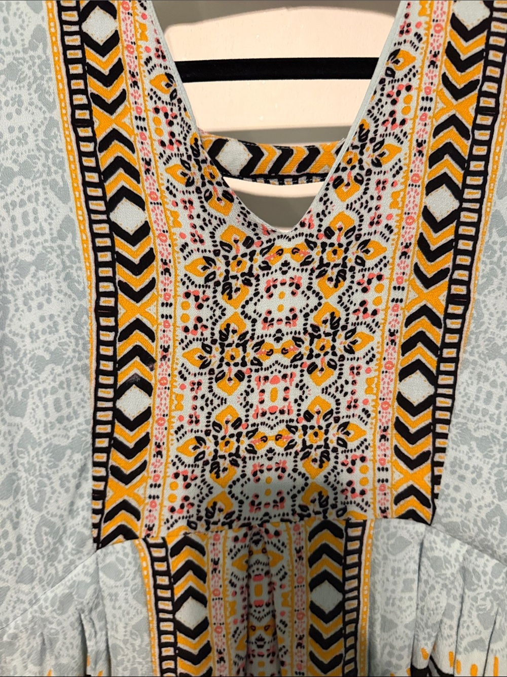 Free People Urban Outfitters Bohemian Blue Mix Print Long Bell Sleeve Mini Dress - Picture 9 of 11